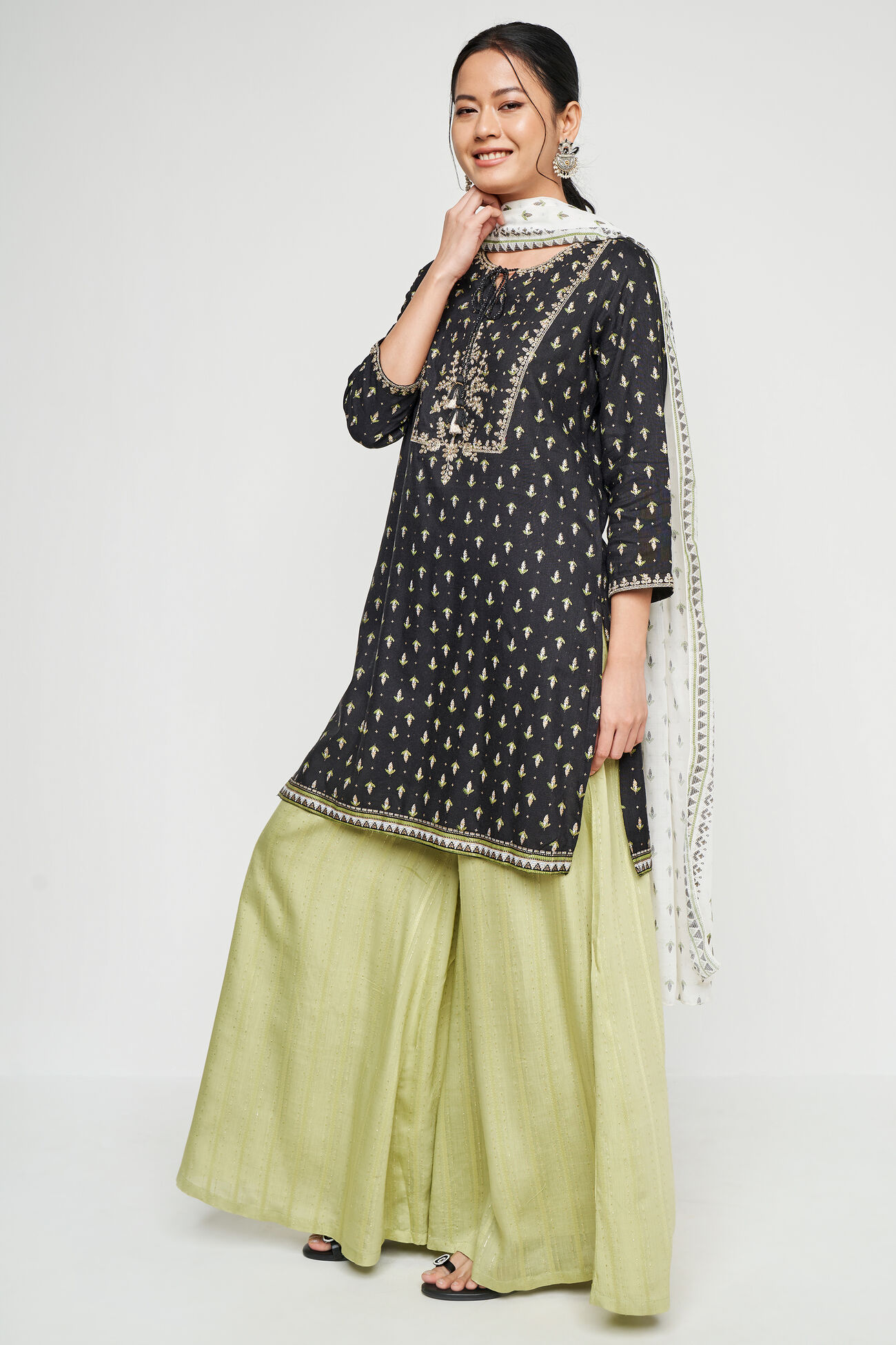 Black Ethnic Motifs Flared Suit, Black, image 1